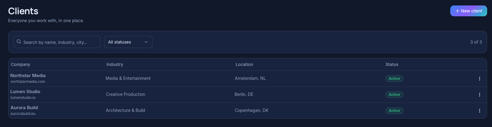 FlowOps client list with contacts, projects and financials